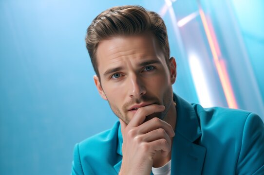 Close-up portrait of a thoughtful young man in a blue suit. Stylish male model posing with hand on chin against a colorful neon background