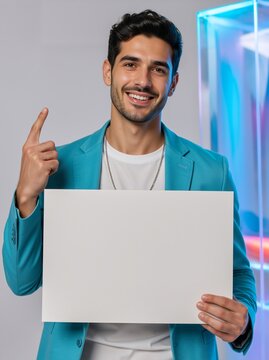 Smiling young man holding a blank white sign and pointing up. Modern male portrait with neon lights in studio. Copy space for text