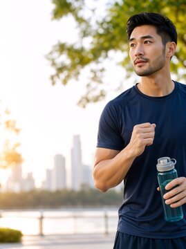 Young Asian man in sportswear holding a water bottle after outdoor workout. Vertical portrait of a fit male runner resting in a city park at golden hour. Healthy active lifestyle concept