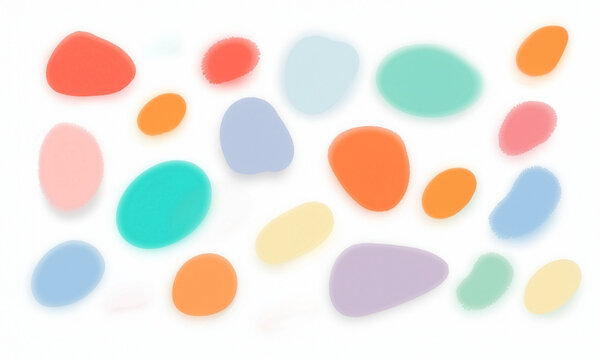 白いベースにオレンジやブルー、パープル色の柔らかな丸い色面が散る背景　Background Where Soft Round Color Planes in Orange, Blue, and Purple Are Scattered on a White Base