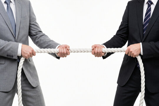 Two businessmen in suits pulling rope against white background symbolizing competition and conflict