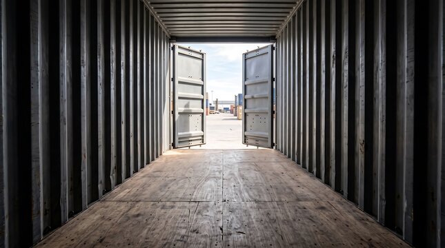 Inside view of a empty 20 foot container looking out at a freight yard with open doors on a sunny day