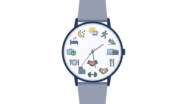 Daily life activities represented as icons on a watch face symbolizing time management and balance