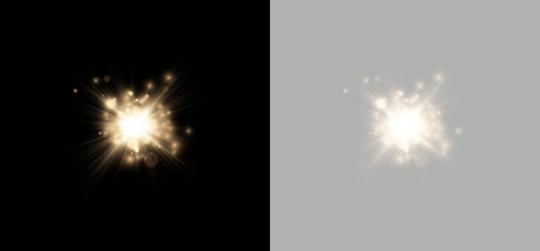 Twin bursts of warm light radiate from two central points. The golden beams spread in soft, diffused rays with glowing sparkles. This symmetrical composition is ideal for festive or.