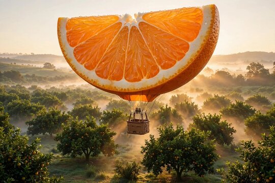 Hot air balloon shaped like a giant orange slice over a citrus grove at sunrise