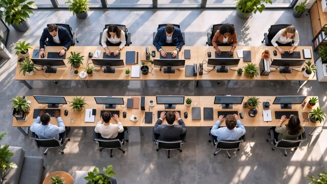 Top view of diverse professionals working at shared desks in a bright modern office, with computers, plants, and natural sunlight creating a productive collaborative workplace.