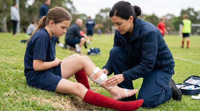 Sports injury assessment Trainer applies bandage to young soccer players leg on grassy field