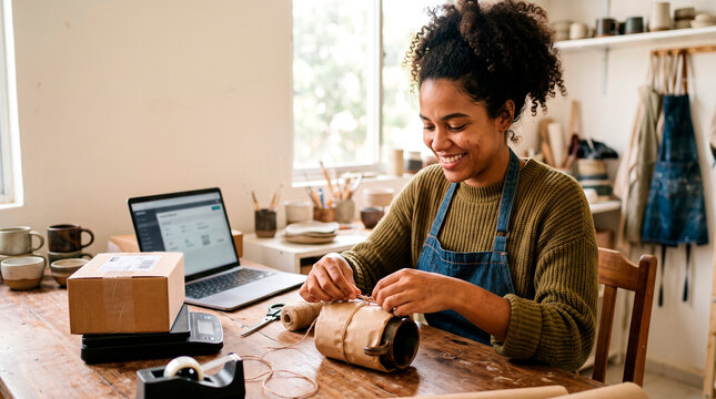Woman packaging a product for online sale in a cozy home workspace