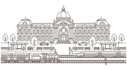 Obraz premium Train station line art illustration with vintage engine.