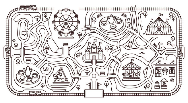 Amusement park map in line art style for family fun design.