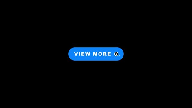 Animated blue view more button loop with dynamic word scale animation and pulsating search icon on black background in 4K resolution.