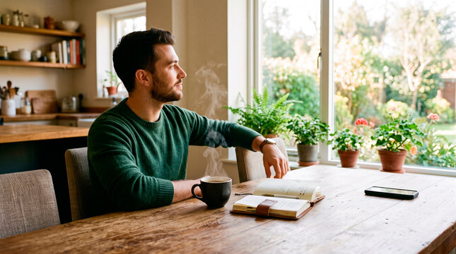 Man sitting at kitchen table enjoying coffee in bright home