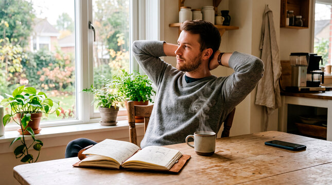 Morning relaxation with a man enjoying coffee and reading at home