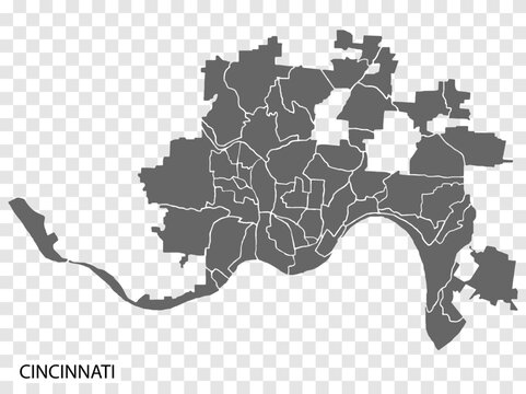 High Quality map Cincinnati is a city  of United States, with borders of the districts. Map Cincinnati  of Ohio for your web site design, app, UI. EPS10.