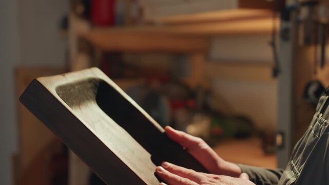 Craftsman examines and feels smooth surface details on his hand planed wood assessing quality against internal standards. close up reveals skilled hands over finished wooden block in warm