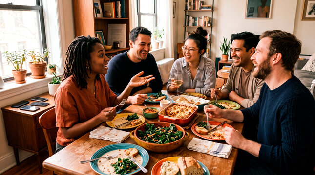 Friends sharing potluck meal during celebration in cozy home setting