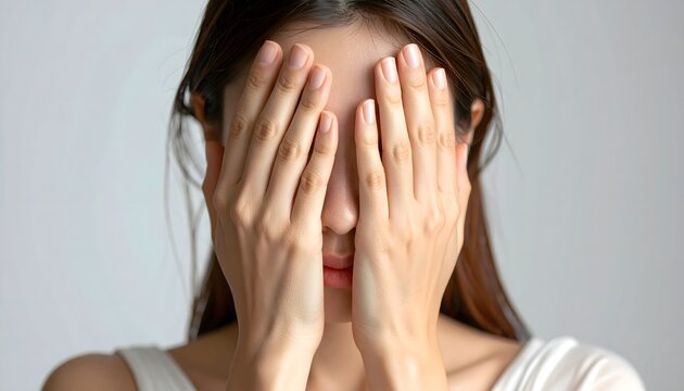 Mujer cubri&eacute;ndose el rostro con ambas manos en primer plano