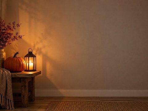 Pumpkin and candle lantern against a warm wall with copy space