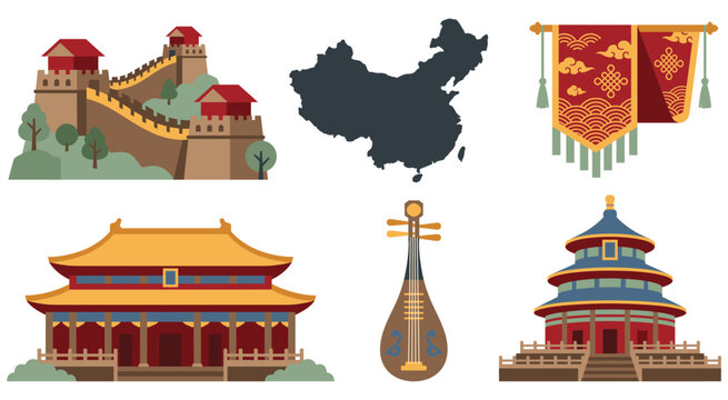 China cultural symbols with Great Wall and traditional architecture.