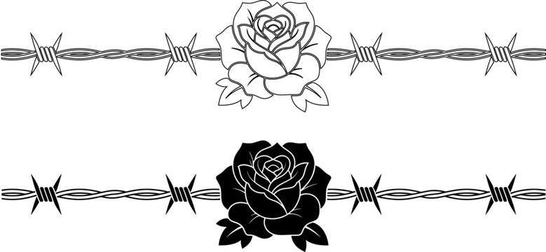 Set of two black and white rose flowers with barbed wire, tattoo style vector illustration