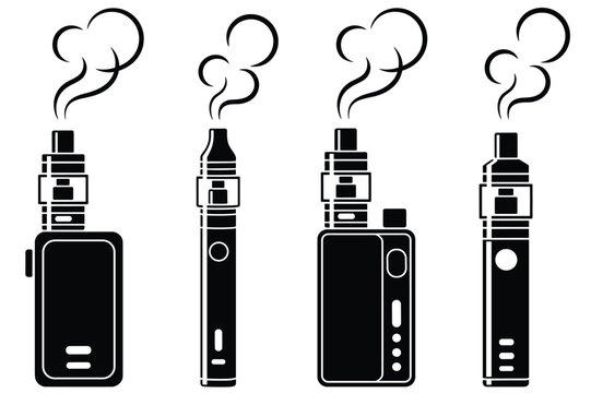 Set of four black silhouette icons of electronic cigarette vape mods with stylized rising smoke clouds, isolated on a white background