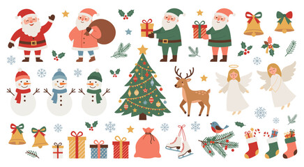 Fototapeta premium Christmas holiday design elements santa snowman reindeer gifts.