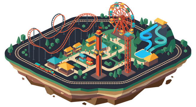 Amusement park isometric landscape with rides and attractions.