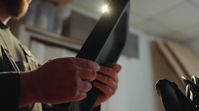 Skilled craftsman inspects texture of woodwork under warm light. His hands carefully examine details while workshop elements like clamp are partially seen. scene emphasizes precision