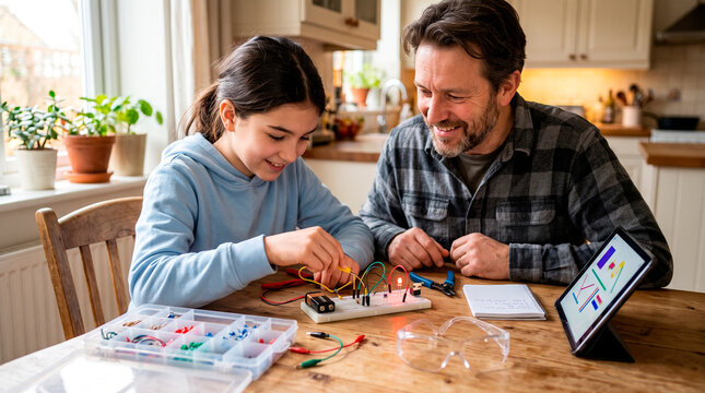 Father and daughter building electronics project for science activity