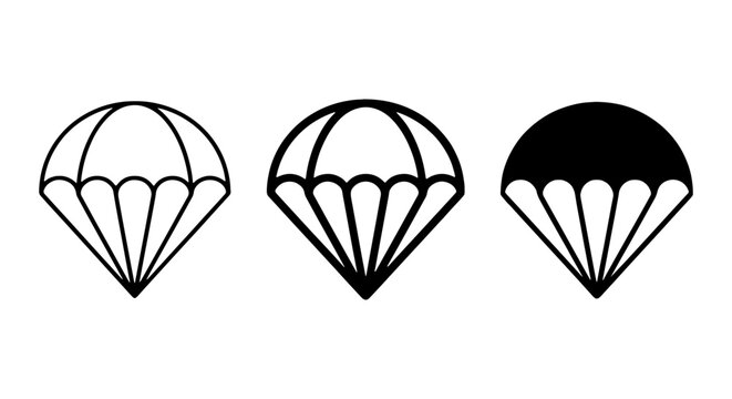 A parachute is presented in three distinct styles, including outline, detailed outline, and solid black, on a white background.