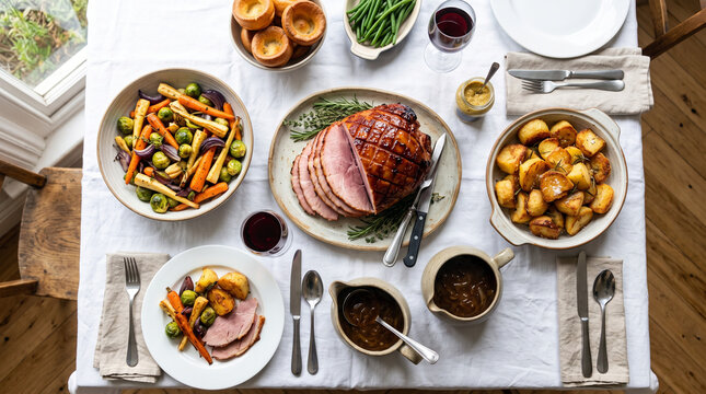 Festive Ham Dinner Spread with Roasted Vegetables Potatoes and Gravy