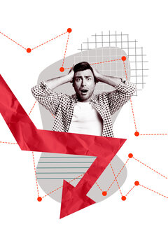 Vertical photo collage of astonished shocked guy businessman hold head arrow decline failure loss problem isolated on painted background