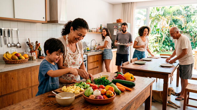 Family preparing weekend lunch in kitchen with fresh vegetables and