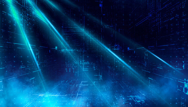 Futuristic cyberpunk corridor with neon blue digital matrix grid and data flow