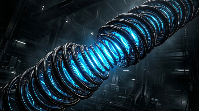 Futuristic glowing blue energy conduit with metallic rings and pulsating light sci fi power core industrial design plasma energy glowing coil