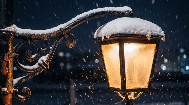 Vintage street lamp glowing warmly during a snowy winter night. Atmospheric city scene with falling snow and bokeh lights for cozy holiday designs.