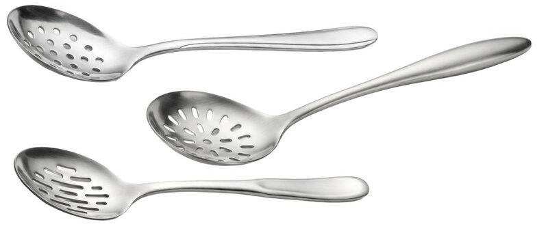 Three stainless steel slotted spoons arranged in a row against a black background, highlighting their reflective surfaces and design details
