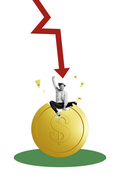 Vertical collage picture young man golden coin token money recession falling arrow loss dollar currency devaluation crisis bankruptcy