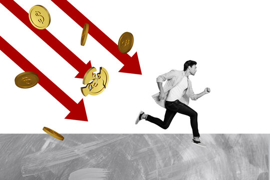 Composite photo collage of serious man run avoid arrow fall dollar coin crack inflation bankrupt problem isolated on painted background