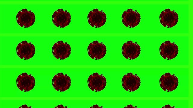 4K 3D Video Animation of rotating viruses falling from top to bottom on green screen, motion background for video compositing
