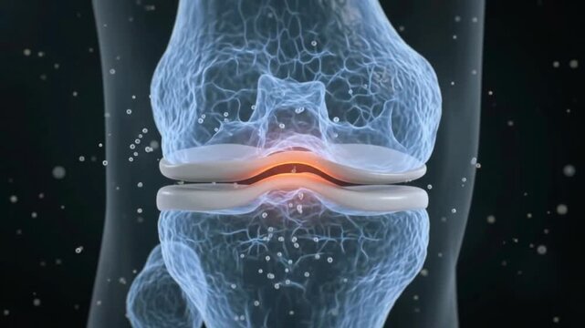 Medical 3D animation showing human knee joint cartilage friction