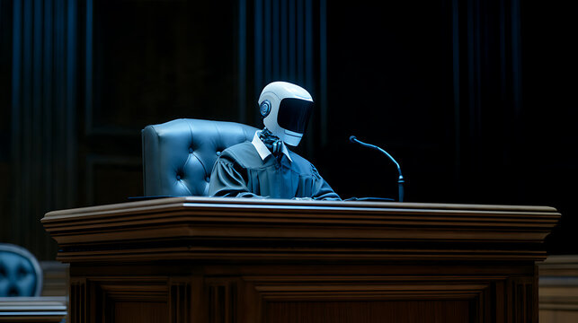 A humanoid robot judge wearing a black robe sit behind a large wooden bench in a courtroom setting, symbolizing artificial intelligence jus