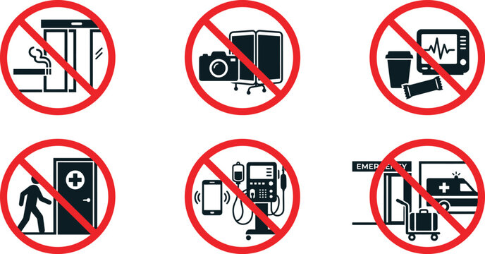 Hospital prohibition signs set, red and black icons featuring forbidden actions for vector design