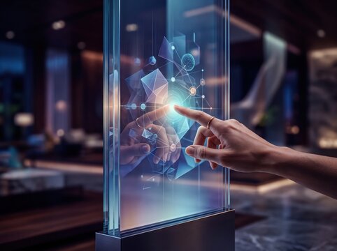 Hand touching a futuristic holographic glass display screen interface