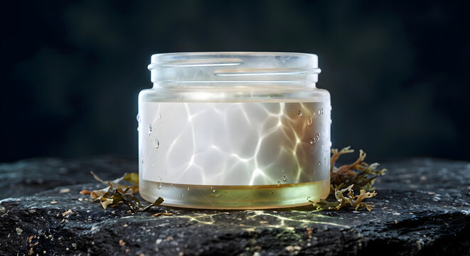 Blank translucent seaweed bioplastic cosmetic jar mockup on wet slate - V1