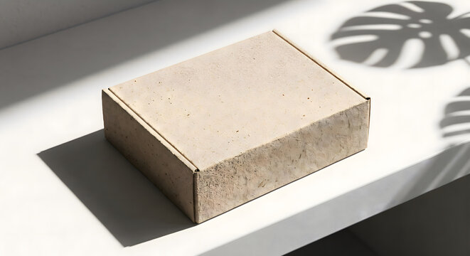 Blank raw hemp fiber mailer box mockup on white concrete desk - V1