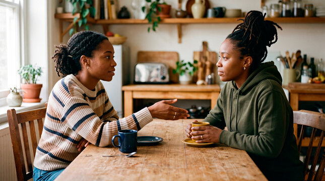 Couple reconciling at kitchen table during emotional conversation