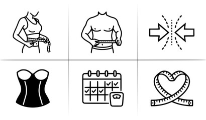 Fototapeta premium Body shape slimming waistline control line art vector icons male female diet set