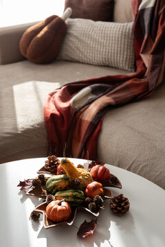 Cozy autumn table decoration with pumpkins, pinecones, and leaves arranged on a white surface.