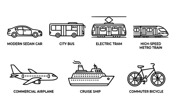 City public transport and vehicle line icons set linear vector pictogram plane train bus car